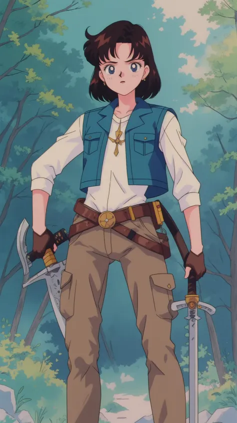solo, (full body:0.6), detailed background, detailed face, (natural forest theme:1.1), fantasy weapons engineer, focused expression, wearing leather vest, belts,,toolbelt revolver, clockwork firearm technology, alchemical supplies,, notes,,blueprints steampunk workshop in background, dim light, hazy air, **(melee weapon, sword, axe, mace, blade, dagger, modern technology, modern weapons, automatic rifle:1.2),**
<lora:EPTakeuchiNaokoStyle-03:1> EPTakeuchiNaokoStyle, 1990s \(style\), anime screencap, retro artstyle, anime coloring, traditional media, (Masterpiece:1.3) (best quality:1.2) (high quality:1.1)