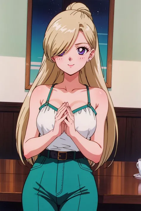 1girl, solo, move chart, dining room, night, own hands together, blond hair, auburn dreadlocks, hair over one eye, burgundy eyes, mature female, milf, camisole, pants, lactation, smile .<lora:EPTakeuchiNaokoStyle-03:1> EPTakeuchiNaokoStyle, 1990s \(style\), anime screencap, retro artstyle, anime coloring, traditional media
