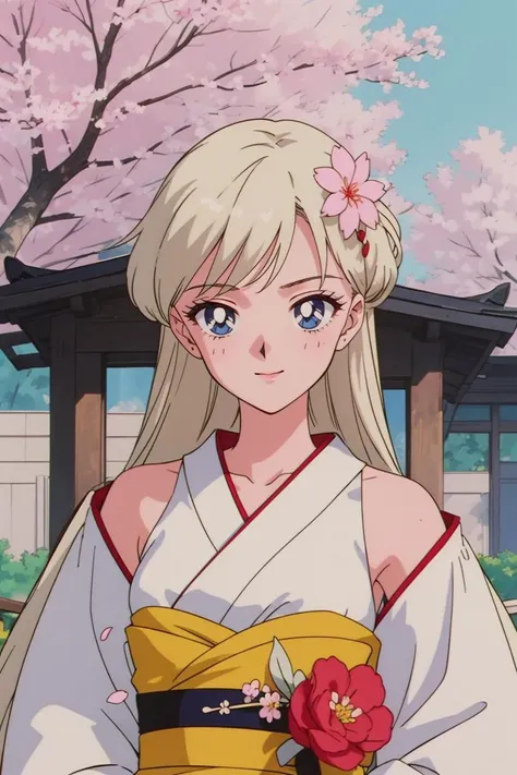 (masterpiece, best quality, beautiful and aesthetic:1.3), 1girl, light smile, solo, EPTakeuchiNaokoStyle, blonde hair, very long hair, hair ornaments, upper body, closeup portrait, kimono, japanese architecture, cherry blossoms, flying petals, looking at viewer, outdoors, standing, beautiful face, beautiful eyes, 1990s \(style\), anime screencap, retro artstyle, anime coloring, traditional media, <lora:EPTakeuchiNaokoStyle:1>