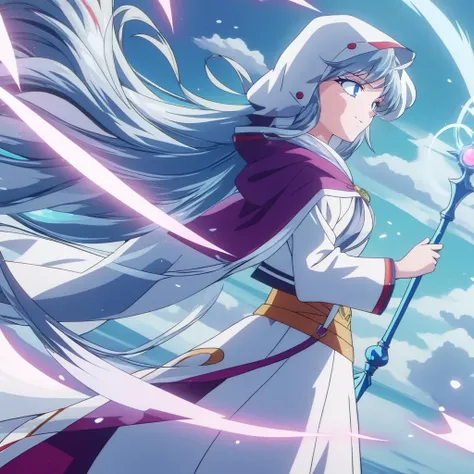 1girl, <lora:EPTakeuchiNaokoStyle:0.8> EPTakeuchiNaokoStyle, 1990s \(style\), anime screencap, retro artstyle, anime coloring, traditional media, <lora:TempestMagic-21:0.8>,tempestmagic ,fantasy,wind storm, excessive energy , floating,
enchanted robe , holding staff, mage staff , hood up, glowing hair, 1girl,glowing eyes, long hair, smile, closeup,