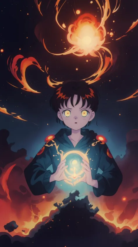 Style-GravityMagic, portrait, solo, (full body:0.6), looking away, detailed background, detailed face, (<lora:ElementalMagicAIv2:0.6>, fireMagicAI theme:1.1), glowing eyes, herald of the cataclysm, hollow stare, wearing elaborate robes, cosmic shattering, vortex of souls, floating particles, arcane glyphs, earth erupting, mountains collapsing, volcanic activity, roaring abyss in background, apocalyptic atmosphere,
<lora:EPTakeuchiNaokoStyle-03:1> EPTakeuchiNaokoStyle, 1990s \(style\), anime screencap, retro artstyle, anime coloring, traditional media, (Masterpiece:1.3) (best quality:1.2) (high quality:1.1)