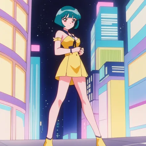 <lora:EPTakeuchiNaokoStyle:0.8> EPTakeuchiNaokoStyle, 1990s \(style\), anime screencap, retro artstyle, anime coloring, traditional media, <lora:KawaiiTech:0.7> kawaiitech, pastel colors, kawaii, cute colors, scifi
,closeup, seductive smile, best quality, bob cut, red eyes, green hair,multicolored hair, aqua hair, 1girl, standing in an alleyway , full body, glowing eyes, skyscrapers,