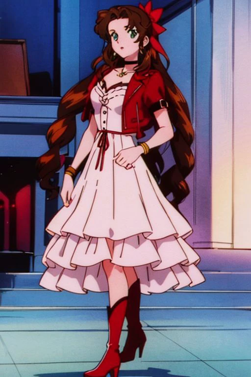 <lora:EPTakeuchiNaokoStyle-03:0.8>,EPTakeuchiNaokoStyle,1990s \(style\),anime screencap,retro artstyle,anime coloring,traditional media,<lora:aerith-nvwls-v1-final:0.8>,aerith gainsborough,choker,cropped jacket,hair bow,bracelet,pink dress,brown boots,very long hair,hair ribbons,hair flowers,strapless red dress,high heels,looking at viewer,, (masterpiece, best quality, high quality, highres, ultra-detailed),