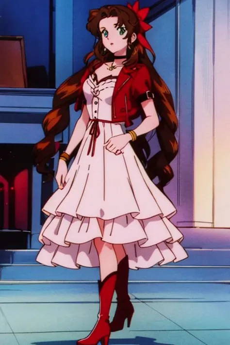 <lora:EPTakeuchiNaokoStyle-03:0.8>,EPTakeuchiNaokoStyle,1990s \(style\),anime screencap,retro artstyle,anime coloring,traditional media,<lora:aerith-nvwls-v1-final:0.8>,aerith gainsborough,choker,cropped jacket,hair bow,bracelet,pink dress,brown boots,very long hair,hair ribbons,hair flowers,strapless red dress,high heels,looking at viewer,, (masterpiece, best quality, high quality, highres, ultra-detailed),