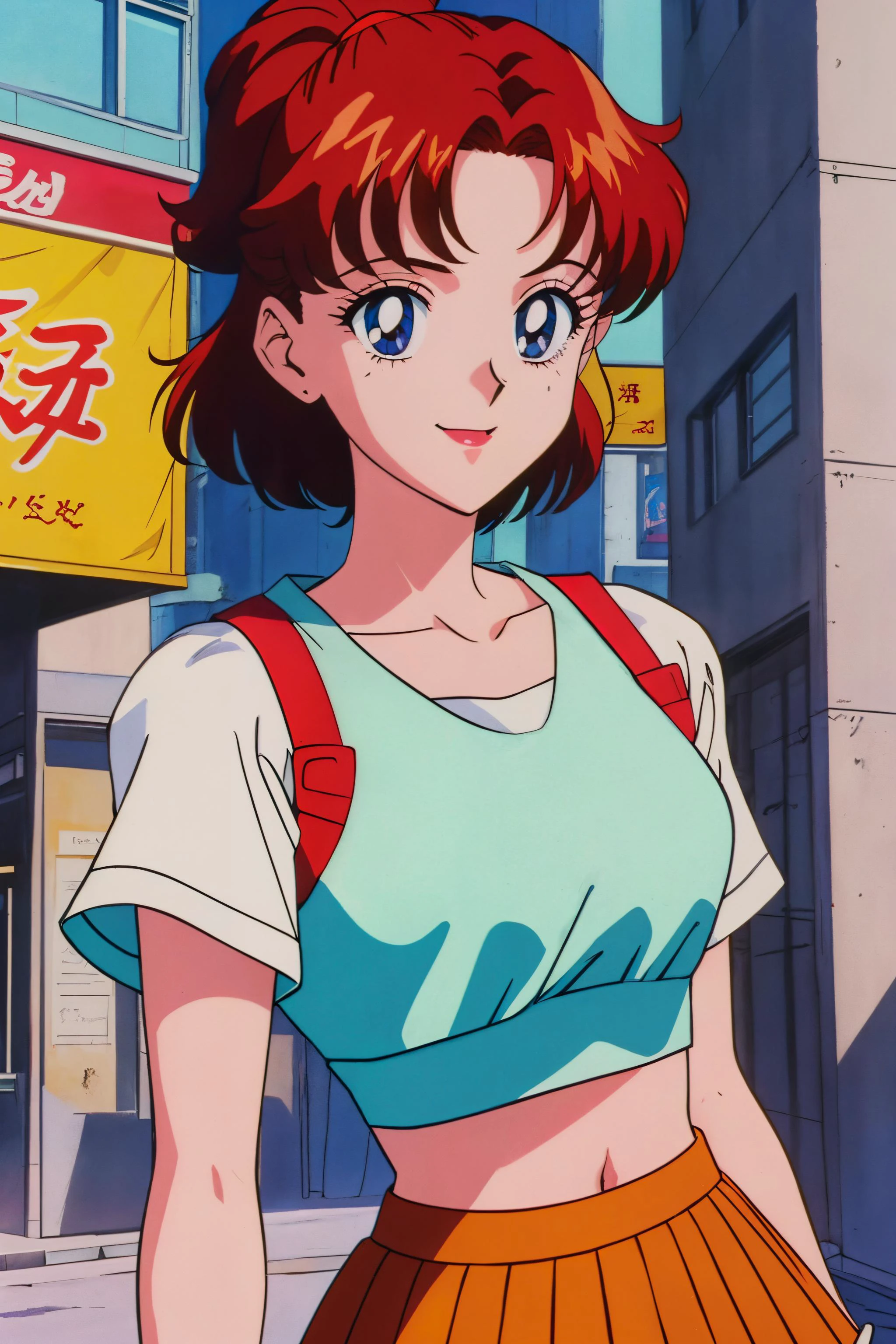 (ultra-detailed), (masterpiece), (best quality), (sharp focus), (cinematic lighting), (vibrant colors), <lora:EPTakeuchiNaokoStyle:0.8> EPTakeuchiNaokoStyle, 1990s \(style\), anime screencap, retro artstyle, anime coloring, traditional media, 1girl, red hair, croptop, skirt, smiling, urban background, close-up