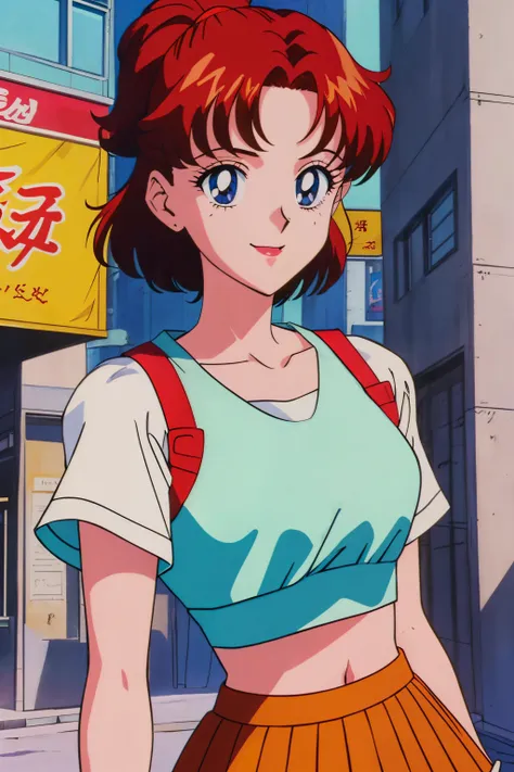 (ultra-detailed), (masterpiece), (best quality), (sharp focus), (cinematic lighting), (vibrant colors),  <lora:EPTakeuchiNaokoStyle:0.8> EPTakeuchiNaokoStyle, 1990s \(style\), anime screencap, retro artstyle, anime coloring, traditional media, 1girl, red hair, croptop, skirt, smiling, urban background, close-up