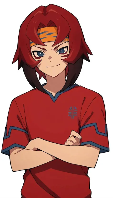 score_9, score_8_up, score_7_up, score_6_up, score_5_up, score_4_up, source_anime, 1boy,  baek shiwoo, red hair, multicolored hair,  blue eyes,  orange headband, crossed arms, smile, pose, soccer uniform,  <lora:Baek_Shi-woo:0.8>