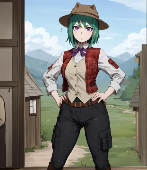 (masterpiece, best quality), from behind ,(1girl), hands on hips, , (mature female, feminine face, beautiful face, solo, hiking clothes, vest, cargo pants, boots, brown hat, small breasts, wide hips, thin legs), pale skin, normal weight, purple eyes, medium hair, green hair, normal expression, (wooden hut, forest), art by kunaboto
<lora:Style kunaboto:1>