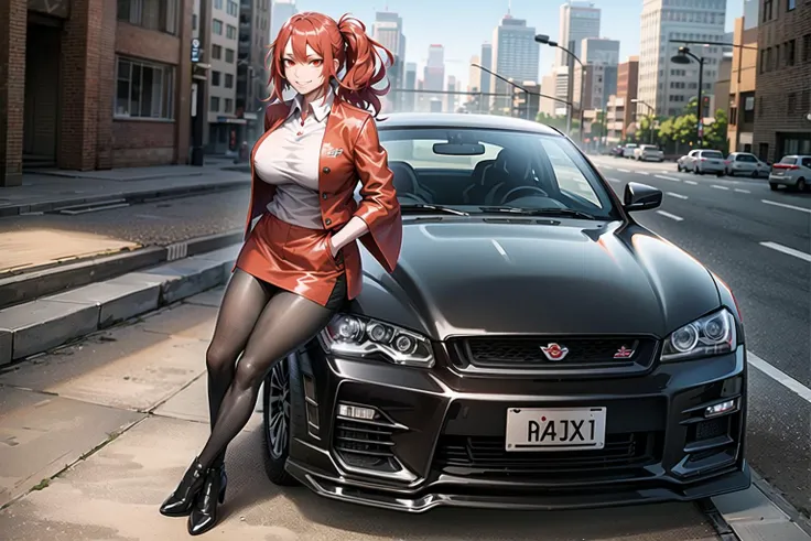 ((best quality)), ((masterpiece)), highly detailed, 8k, wide angle, nissan skyline gt-r, leaning, looking at viewer, hands in pockets, happy, relaxed (mature female:1.2), gigantic breasts, plump, red hair, red eyes, slutty clothes, <lora:kunaboto 2:1>