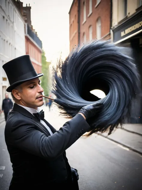 A street magician pulling a ral-blackhole out of a top hat, photographed in a candid street photography style<lora:ral-blackhole-sdxl:1> <lora:EnvyBetterHiresFixXL01:0:hr=1>