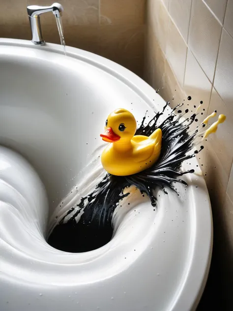 A bright yellow rubber duck, getting stretched and contorted as it spirals towards the ral-blackhole in the plug hole of the bathtub, its squeaky head perpetually agape in silent terror.<lora:ral-blackhole-sdxl:1> <lora:EnvyBetterHiresFixXL01:0:hr=1>