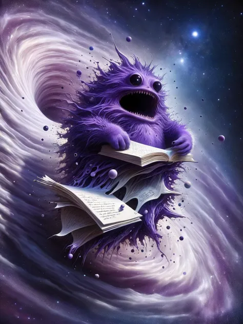 A fluffy, purple creature shaped like a pile of undone to-do lists and overdue bills, flailing its limbs and whimpering pathetically as it's consumed by the cosmic drain.<lora:ral-blackhole-sdxl:1> <lora:EnvyBetterHiresFixXL01:0:hr=1>