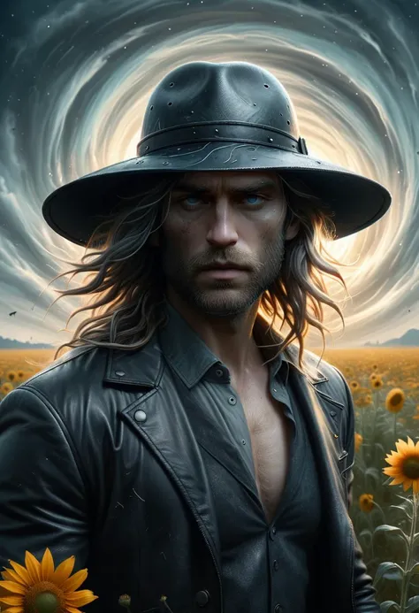 <lora:ral-blackhole:1>ral-blackhole, Cinematic still, Pastels artwork, Obscene flower field, Rule of Thirds, medium close-up shot of a flyweight (Greek God:1.3) , his hair is Brunette, Rust sun hat, at Overcast, Sketch, Evil, 50mm, Dichromatic, Highres, (designed by Peter Chung:0.8),Sun Rise,Storm,Golden Locks,Exquisite,Lighting,Bold,Bright Clear Eyes,Smooth Glow,Cold Mode,single ray of light on face,Leather Barret