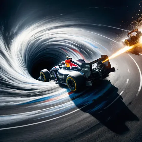 An F1 race car racing around the track, suddenly getting sucked into a ral-blackhole in the pit stop, mechanics and tires flying in, captured with high-speed photography for a dynamic freeze-frame <lora:ral-blackhole-sdxl:1> <lora:EnvyBetterHiresFixXL01:0:hr=1>