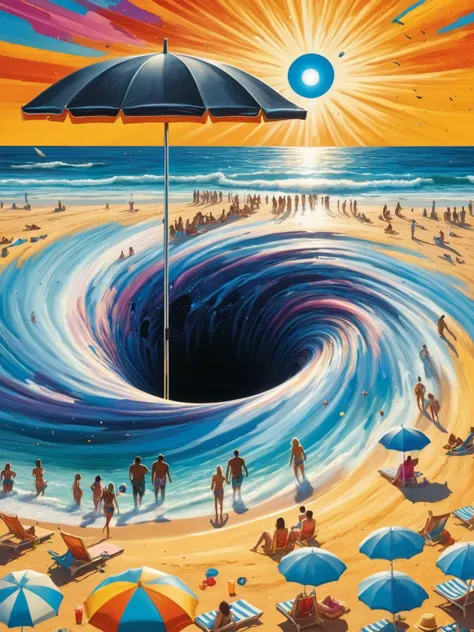 A ral-blackhole opening in the middle of a crowded beach, sunbathers, umbrellas, and sandcastles spiralling into the summer event horizon, depicted with a vibrant, pop-art flair <lora:ral-blackhole-sdxl:1> <lora:EnvyBetterHiresFixXL01:0:hr=1>