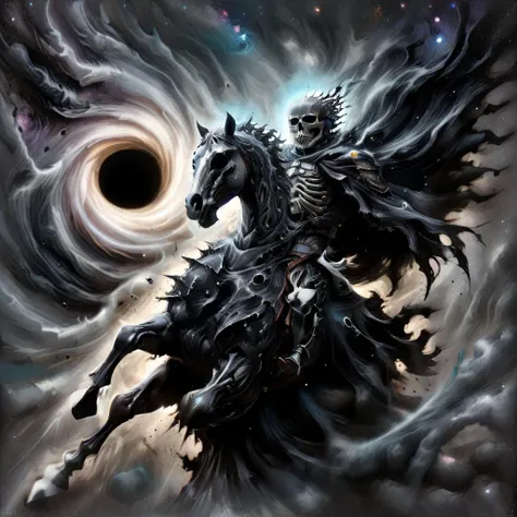 For an artistic rendition in a comic book style, envision a skull knight heroically mounted on a majestic steed, emerging valiantly from a swirling black hole. The knight's armor is intricately designed, echoing the ethereal qualities of bones, with a helmet crowned by ornate, skeletal features. The horse, muscular and fierce, seems to gallop out of the vortex of the black hole, its mane and the knight's cloak billowing dramatically. The black hole itself is a whirl of dark, cosmic energy, contrasting sharply with the vivid, dynamic colors of the scene. The overall composition captures the intensity and surrealism characteristic of comic book art, <lora:ral-blackhole:1> <lora:Kentaro Miura Style:0.8> Kentaro Miura Style