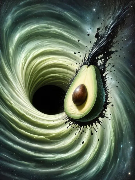 A sentient avocado, grappling with the meaning of life and the inevitability of oblivion, calmly contemplating its fate as it drifts towards the ral-blackhole, a single pit rolling out behind it like a tear.<lora:ral-blackhole-sdxl:1> <lora:EnvyBetterHiresFixXL01:0:hr=1>