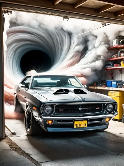 a single muscle car getting sucked into a ral-blackhole inside of a garage in a american subburb <lora:ral-blackhole:0.75>