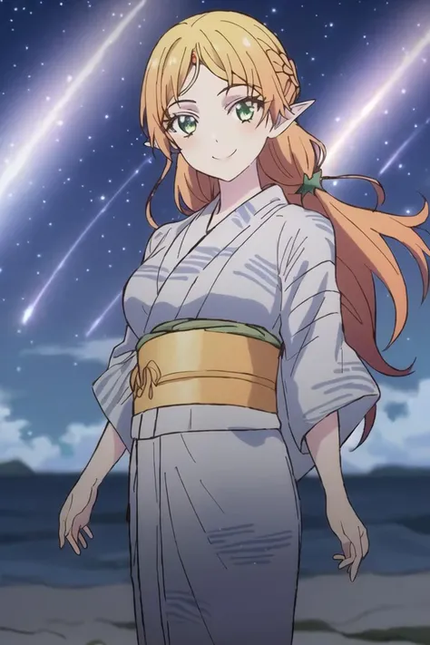 <lora:sui-000008 (2):0.8>,((masterpiece,best quality, detailed)), ultra-detailed, detailed hair, deep shadows, hard rim lighting,((dramatic lighting)),sharp focus, cowboy shot, (1girl:1.2), solo,( long hair:1.3), (floating hair:1.2), (seductive smile:1.1),medium breasts,pointy ears, forehead jewel, standing, looking at viewer, (sea:1.3),(starry sky:1.3) , (yukata:1.4) ,shooting star,