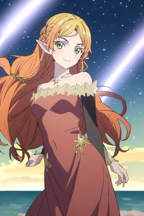 <lora:sui-000008 (2):0.8>,((masterpiece,best quality, detailed)), ultra-detailed, detailed hair, deep shadows, hard rim lighting,((dramatic lighting)),sharp focus, cowboy shot, (1girl:1.2), solo,( long hair:1.3), (floating hair:1.2), (seductive smile:1.1),medium breasts,pointy ears, forehead jewel, standing, looking at viewer, (sea:1.3),(starry sky:1.3) , (evening gown:1.4) ,shooting star,