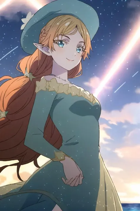 <lora:sui-000008 (2):0.8>,((masterpiece,best quality, detailed)), ultra-detailed, detailed hair, deep shadows, hard rim lighting,((dramatic lighting)),sharp focus, cowboy shot, (1girl:1.2), solo,( long hair:1.3), (floating hair:1.2), (seductive smile:1.1),medium breasts,pointy ears, forehead jewel, standing, looking at viewer, (sea:1.3),(starry sky:1.3) , (white wide-brimmed hat,blue dress:1.4) ,shooting star,