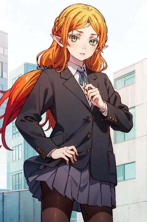 cowboy shot, <lora:sui:0.7> pointy ears, forehead jewel, sui-000008 (2), <lora:SakuragaokaHighSchoolUniform:1> SakuragaokaWinter, sakuragaoka high school uniform, blazer, long sleeves, neck ribbon, grey skirt, pantyhose,, absurdres, ultra detailed, masterpiece, best quality, aesthetic, detailed,