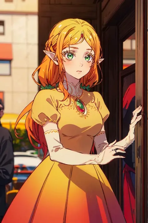 cowboy shot,  <lora:sui:0.7> pointy ears, forehead jewel, sui-000008 (2),   <lora:princess_peach_dress_outfit-base-anylora-v1-1-1-000017_1_BiiIIMoOOo_WOF:1> peachdress, puffy short sleeves, jewelry, dress,, absurdres, ultra detailed, masterpiece, best quality, aesthetic, detailed,