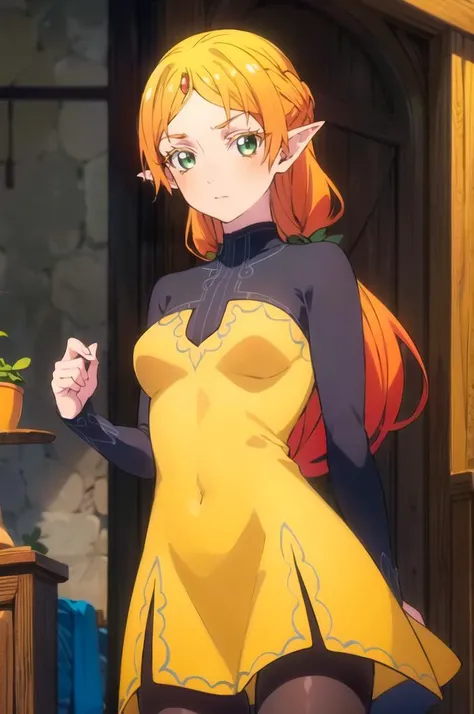 cowboy shot, hands on own hips, smile, <lora:sui:0.7> pointy ears, forehead jewel, sui-000008 (2), sui\( Isekai Ojisan\),  <lora:Feguimel [MockAi - v1.0]:0.8> feguimel, soft shading, realistic proportions,, absurdres, ultra detailed, masterpiece, best quality, aesthetic, detailed,