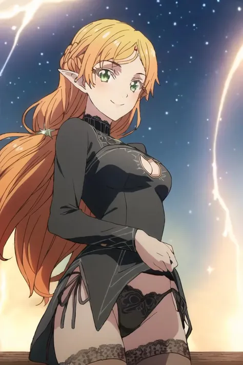 <lora:sui-000008 (2):0.8>,((masterpiece,best quality, detailed)), ultra-detailed, detailed hair, deep shadows, hard rim lighting,((dramatic lighting)),sharp focus, cowboy shot, (1girl:1.2), solo,( long hair:1.3), (floating hair:1.2), ( smile:1.1),medium breasts,pointy ears, forehead jewel, standing, looking at viewer, (sea:1.3),(starry sky:1.3) , (black lace dress,Finely detailed clothes,stocking,garterbelt,clothing cutout,lace side-tie panties:1.4) ,shooting star,