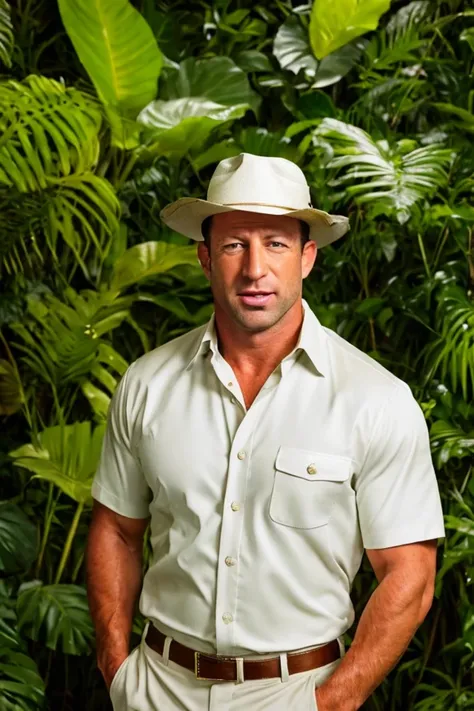 markwayne mullin <lora:senate_072_markwayne_mullin:0.65> , face closeup, face focus, shirt, formal, suit, collared shirt, white shirt, jacket,
Wearing a safari outfit with pith helmet, standing in a jungle setting,
best quality, masterpiece, HDR, professional, studio quality, highres,