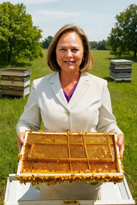 deb fischer <lora:senate_053_deb_fischer:0.65> , face closeup, face focus, shirt, formal, suit, collared shirt, white shirt, jacket,
Wearing a beekeeper suit, standing in an apiary with bee hives around, holding a giant honeycomb, "Honey Pot Funds",
best quality, masterpiece, HDR, professional, studio quality, highres,