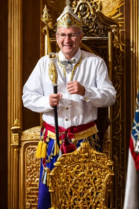 kevin cramer <lora:senate_068_kevin_cramer:0.65> , face closeup, face focus, shirt, formal, suit, collared shirt, white shirt, jacket,
Clad in a medieval jester outfit with bells on the hat, standing in a castle's throne room, holding a scepter with a funny face on top,
best quality, masterpiece, HDR, professional, studio quality, highres,