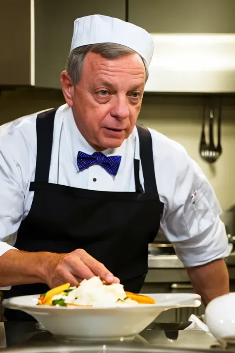 dick durbin <lora:senate_025_dick_durbin:0.65> , face closeup, face focus, shirt, formal, suit, collared shirt, white shirt, jacket,
wearing a chef hat and apron, with a kitchen in the background,
best quality, masterpiece, HDR, professional, studio quality, highres,