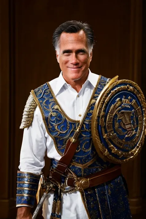 mitt romney <lora:senate_088_mitt_romney:0.65> , face closeup, face focus, shirt, formal, suit, collared shirt, white shirt, jacket,
Wearing gladiator armor, standing in a Roman-style coliseum, holding a sword and shield with the Senate emblem on it,
best quality, masterpiece, HDR, professional, studio quality, highres,