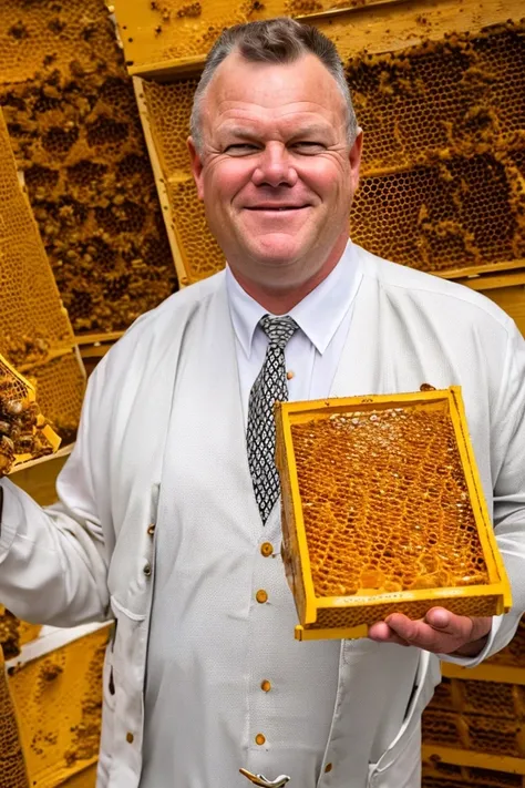 jon tester <lora:senate_051_jon_tester:0.65> , face closeup, face focus, shirt, formal, suit, collared shirt, white shirt, jacket,
Wearing a beekeeper suit, standing in an apiary with bee hives around, holding a giant honeycomb, "Honey Pot Funds",
best quality, masterpiece, HDR, professional, studio quality, highres,