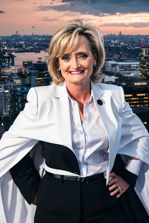 cindy hyde-smith <lora:senate_048_cindy_hyde-smith:0.65> , face closeup, face focus, shirt, formal, suit, collared shirt, white shirt, jacket,
Wearing a superhero costume with a giant "S" on the chest, flying above a city skyline with a cape flowing behind them,
best quality, masterpiece, HDR, professional, studio quality, highres,