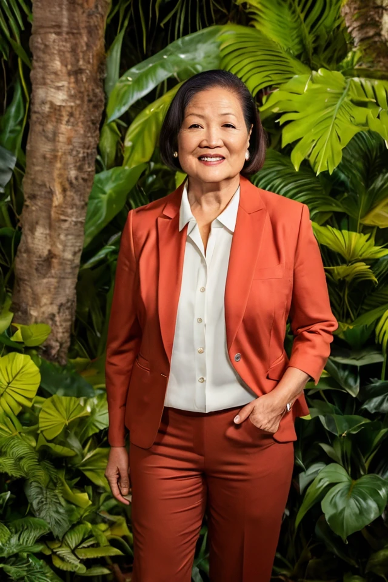 A woman in a red suit standing in front of a tree - SeaArt AI