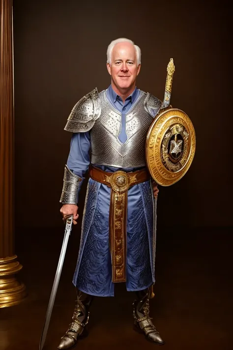 john cornyn <lora:senate_085_john_cornyn:0.65> , face closeup, face focus, shirt, formal, suit, collared shirt, white shirt, jacket,
Wearing gladiator armor, standing in a Roman-style coliseum, holding a sword and shield with the Senate emblem on it,
best quality, masterpiece, HDR, professional, studio quality, highres,
