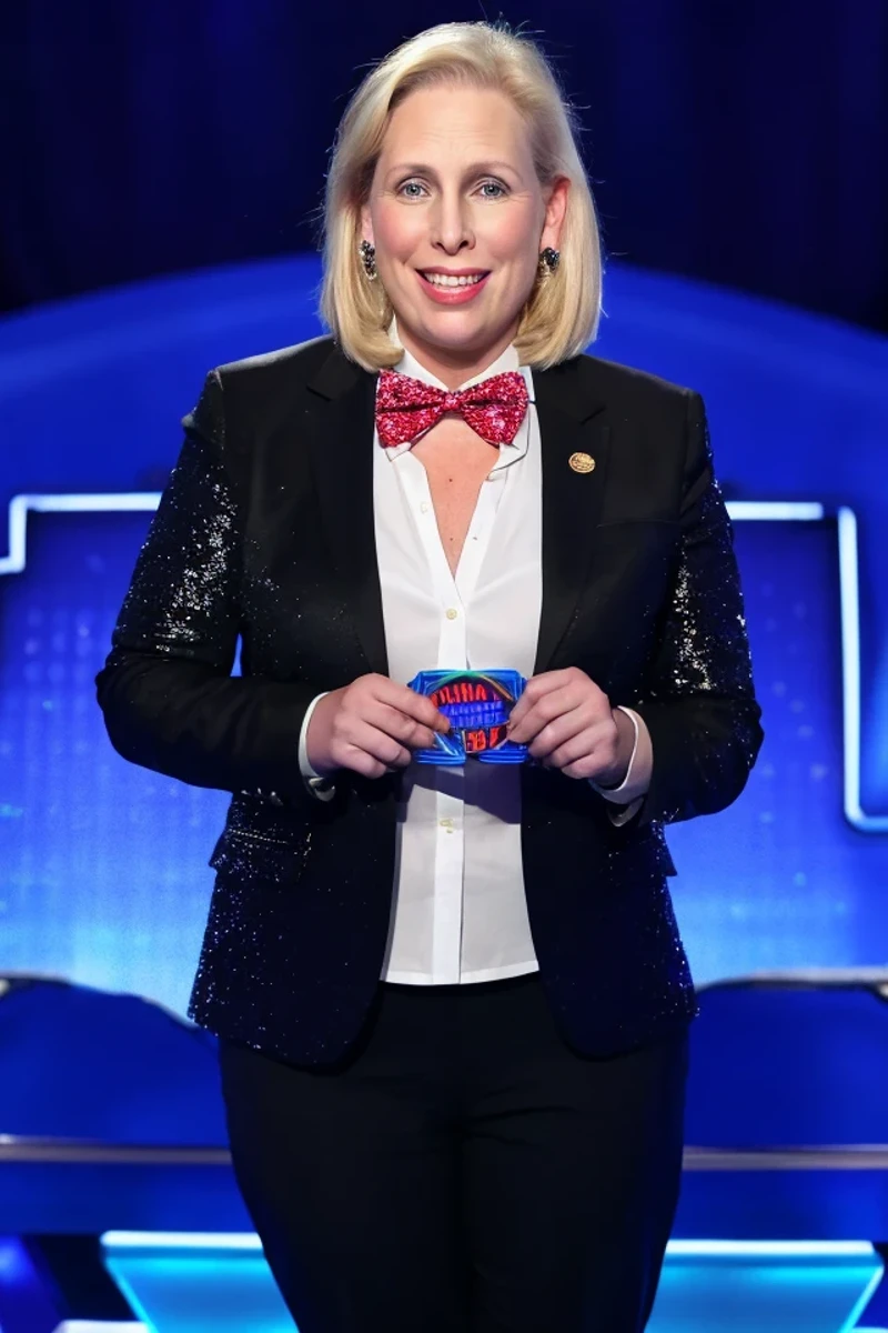 kirsten gillibrand <lora:senate_064_kirsten_gillibrand:0.65> , face closeup, face focus, shirt, formal, suit, collared shirt, white shirt, jacket,
Dressed in a flashy game show host outfit with a bow tie and sparkly jacket, standing on a game show set, spinning a large prize wheel,
best quality, masterpiece, HDR, professional, studio quality, highres,