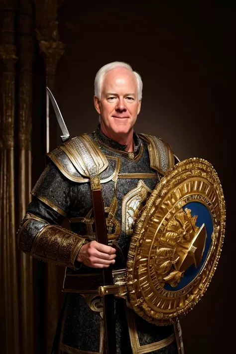 john cornyn <lora:senate_085_john_cornyn:0.65> , face closeup, face focus, shirt, formal, suit, collared shirt, white shirt, jacket,
Wearing gladiator armor, standing in a Roman-style coliseum, holding a sword and shield with the Senate emblem on it,
best quality, masterpiece, HDR, professional, studio quality, highres,