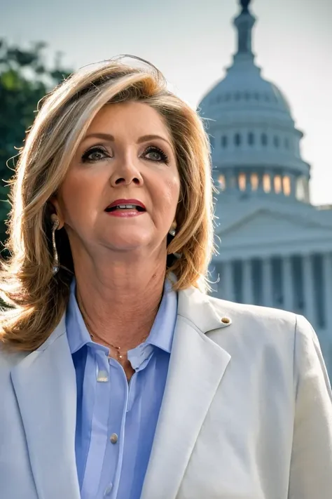 marsha blackburn <lora:senate_083_marsha_blackburn:0.65> , face closeup, face focus, shirt, formal, suit, collared shirt, white shirt, jacket,
capitol hill at background,
best quality, masterpiece, HDR, professional, studio quality, highres,