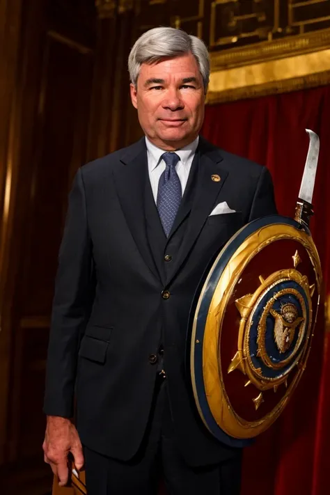sheldon whitehouse <lora:senate_078_sheldon_whitehouse:0.65> , face closeup, face focus, shirt, formal, suit, collared shirt, white shirt, jacket,
Wearing gladiator armor, standing in a Roman-style coliseum, holding a sword and shield with the Senate emblem on it,
best quality, masterpiece, HDR, professional, studio quality, highres,