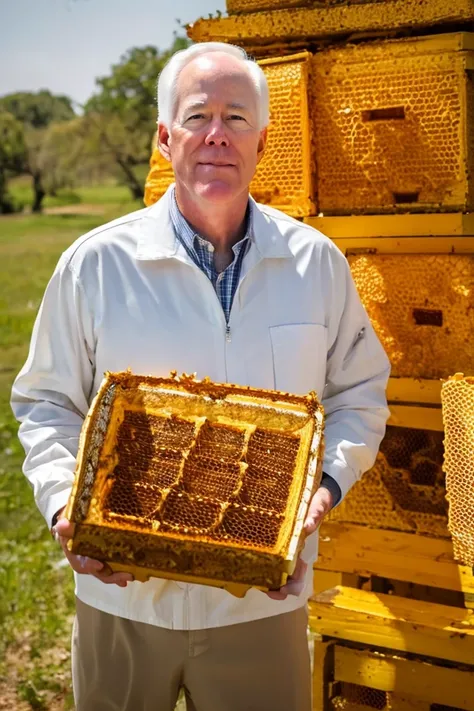 john cornyn <lora:senate_085_john_cornyn:0.65> , face closeup, face focus, shirt, formal, suit, collared shirt, white shirt, jacket,
Wearing a beekeeper suit, standing in an apiary with bee hives around, holding a giant honeycomb, "Honey Pot Funds",
best quality, masterpiece, HDR, professional, studio quality, highres,