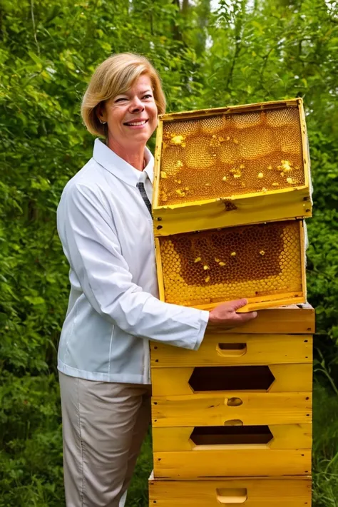 tammy baldwin <lora:senate_098_tammy_baldwin:0.65> , face closeup, face focus, shirt, formal, suit, collared shirt, white shirt, jacket,
Wearing a beekeeper suit, standing in an apiary with bee hives around, holding a giant honeycomb, "Honey Pot Funds",
best quality, masterpiece, HDR, professional, studio quality, highres,