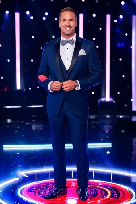 eric schmitt <lora:senate_050_eric_schmitt:0.65> , face closeup, face focus, shirt, formal, suit, collared shirt, white shirt, jacket,
Dressed in a flashy game show host outfit with a bow tie and sparkly jacket, standing on a game show set, spinning a large prize wheel,
best quality, masterpiece, HDR, professional, studio quality, highres,