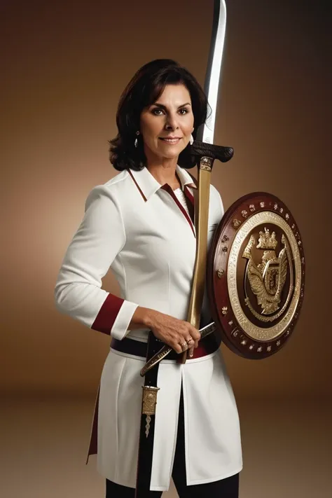 jacky rosen <lora:senate_056_jacky_rosen:0.65> , face closeup, face focus, shirt, formal, suit, collared shirt, white shirt, jacket,
Wearing gladiator armor, standing in a Roman-style coliseum, holding a sword and shield with the Senate emblem on it,
best quality, masterpiece, HDR, professional, studio quality, highres,