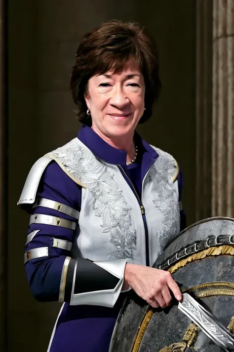 susan collins <lora:senate_037_susan_collins:0.65> , face closeup, face focus, shirt, formal, suit, collared shirt, white shirt, jacket,
Wearing gladiator armor, standing in a Roman-style coliseum, holding a sword and shield with the Senate emblem on it,
best quality, masterpiece, HDR, professional, studio quality, highres,