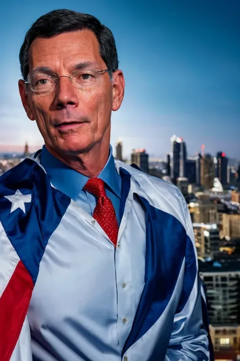 john barrasso <lora:senate_099_john_barrasso:0.65> , face closeup, face focus, shirt, formal, suit, collared shirt, white shirt, jacket,
Wearing a superhero costume with a giant "S" on the chest, flying above a city skyline with a cape flowing behind them,
best quality, masterpiece, HDR, professional, studio quality, highres,