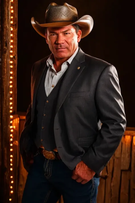 mike rounds <lora:senate_082_mike_rounds:0.65> , face closeup, face focus, shirt, formal, suit, collared shirt, white shirt, jacket,
Dressed in cowboy attire with a ten-gallon hat and cowboy boots, standing in front of a Western saloon, lasso or branding iron,
best quality, masterpiece, HDR, professional, studio quality, highres,