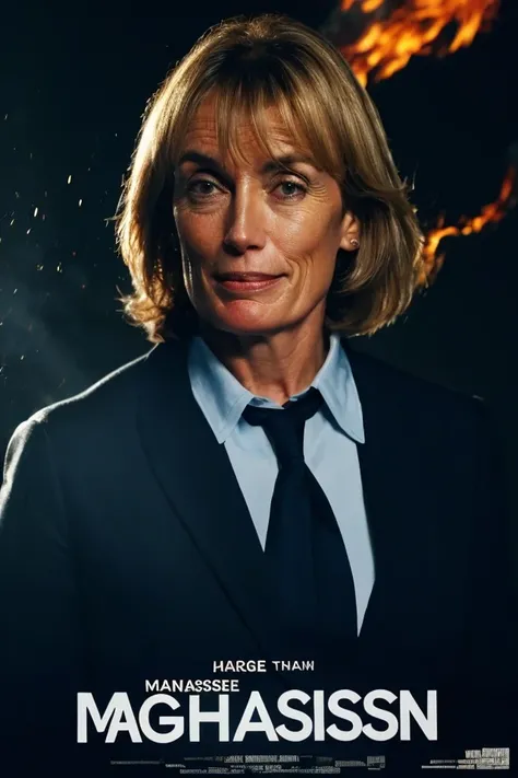 maggie hassan <lora:senate_058_maggie_hassan:0.65> , face closeup, face focus, shirt, formal, suit, collared shirt, white shirt, jacket,
explossion in the background, fire and smoke, movie poster,
best quality, masterpiece, HDR, professional, studio quality, highres,